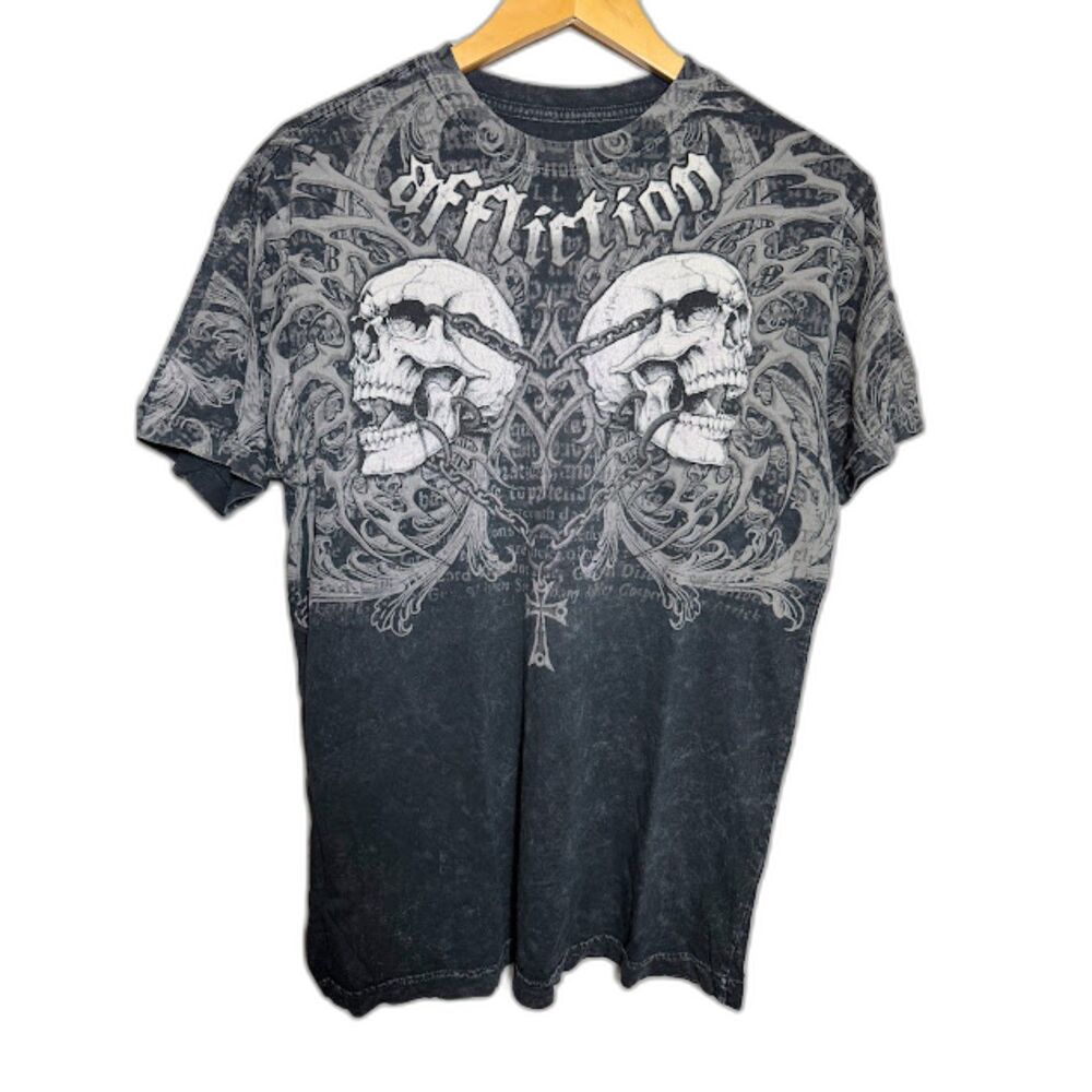 Affliction T Shirt Tee Black Size Large Skull Print Goth Alt Punk Skater
